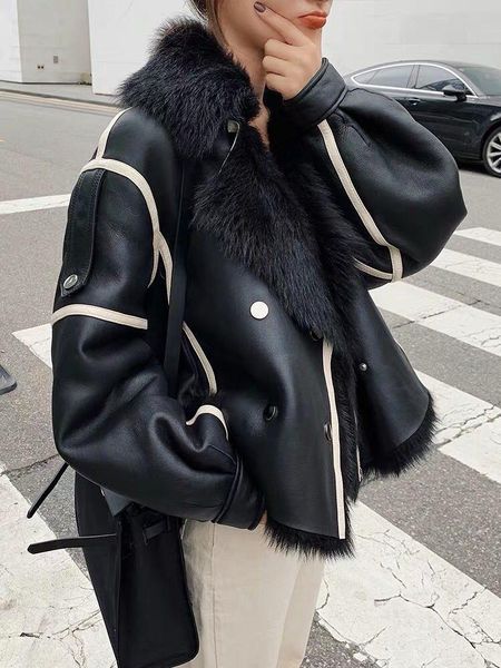 women's leather & faux imported wool fur genuine sheepskin with long sleeves short moto biker style jacket, Black
women's leather & faux imported wool fur genuine sheepskin with long sleeves short moto biker style jacket, Black