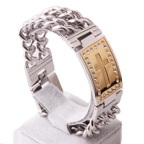 link, chain 23mm stainless steel silver color/gold color cross crystal cuban link mens bracelet bangle 9" fashion jewelry, Black
link, chain 23mm stainless steel silver color/gold color cross crystal cuban link mens bracelet bangle 9" fashion jewelry, Black