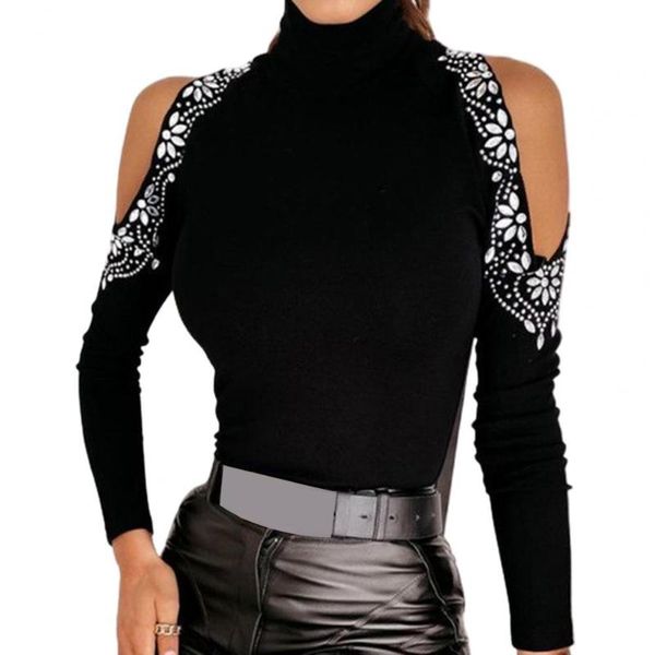 women's blouses & shirts women long sleeve turtle neck cold shoulder drilling basic blouse pullover, White
women's blouses & shirts women long sleeve turtle neck cold shoulder drilling basic blouse pullover, White