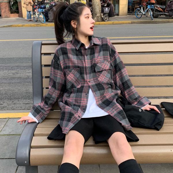 women's blouses & shirts long style shirt female oversize plaid autumn big pockets full sleeve casual loose cover ups, White
women's blouses & shirts long style shirt female oversize plaid autumn big pockets full sleeve casual loose cover ups, White