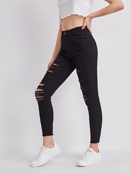 high-waisted distressed raw hem skinny jeans p7lw#, Blue