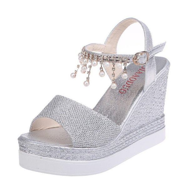 sandals women fashion open toe slope heel diamond shiny high heels solid tassel shoes, Black