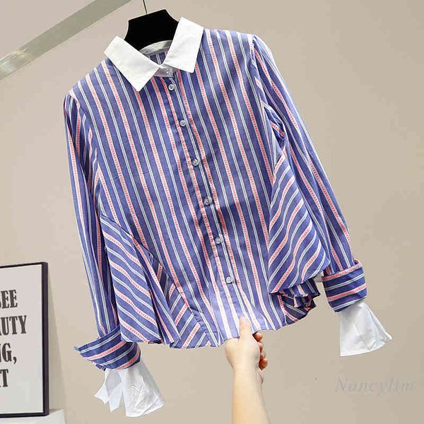 blouses fashion stripe blouse women double-layer bell sleeve pleated ruffles patch single-breasted irregular striped shirt lady blusas, White
blouses fashion stripe blouse women double-layer bell sleeve pleated ruffles patch single-breasted irregular striped shirt lady blusas, White