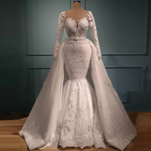 retro lace long sleeves mermaid wedding dresses with detachable overskirt sheer neck sweep train bridal gowns vestido de novia, White
retro lace long sleeves mermaid wedding dresses with detachable overskirt sheer neck sweep train bridal gowns vestido de novia, White