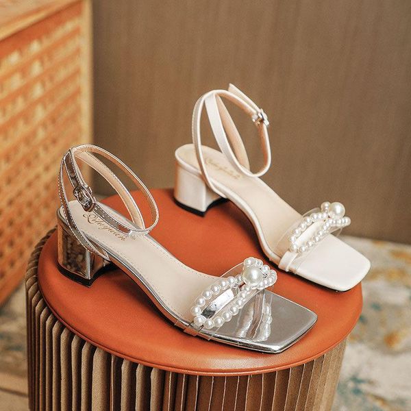 women's chunky heel sandals middle ankle-strap fairy style transparent pearl fashion square toe summer high heels for girls dress shoes, Black
women's chunky heel sandals middle ankle-strap fairy style transparent pearl fashion square toe summer high heels for girls dress shoes, Black