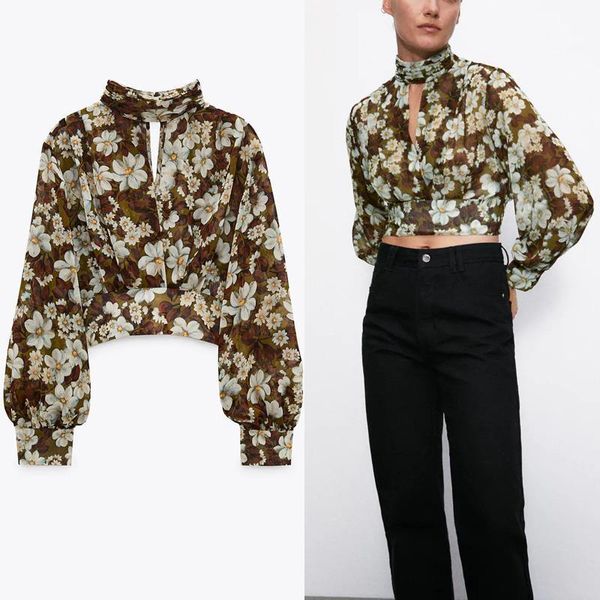 za cropped floral print womens blouses ruched high collar long sleeve fashion smock elastic back opening top, White 
za cropped floral print womens blouses ruched high collar long sleeve fashion smock elastic back opening top, White