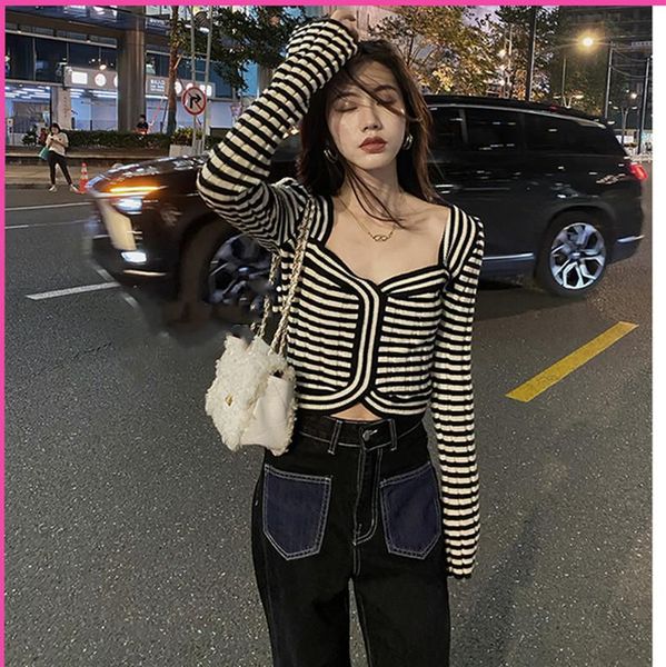 women's t-shirt fashion striped knit women slim long sleeve bottoming ladies square collar shirts female, White
women's t-shirt fashion striped knit women slim long sleeve bottoming ladies square collar shirts female, White