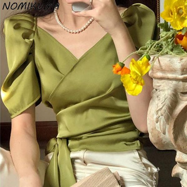 women's blouses & shirts nomikuma satin women blouse bow bandage slim waist short shirt 2021 korean puff sleeve v-neck elegant blusas d, White
women's blouses & shirts nomikuma satin women blouse bow bandage slim waist short shirt 2021 korean puff sleeve v-neck elegant blusas d, White