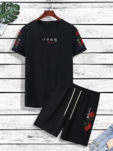 men floral & japanese letter graphic tee & drawstring waist shorts 226x#, Gray