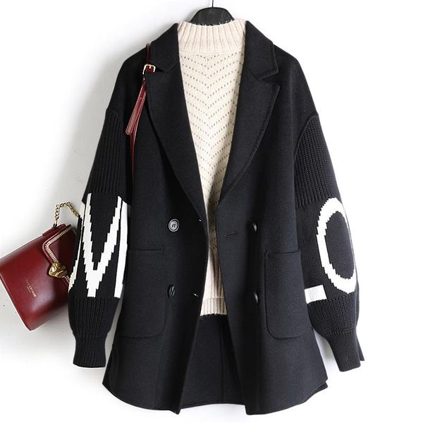 women's wool & blends knitted letter sleeved women patchwork coat british style turn down collar single button woolen, Black
women's wool & blends knitted letter sleeved women patchwork coat british style turn down collar single button woolen, Black