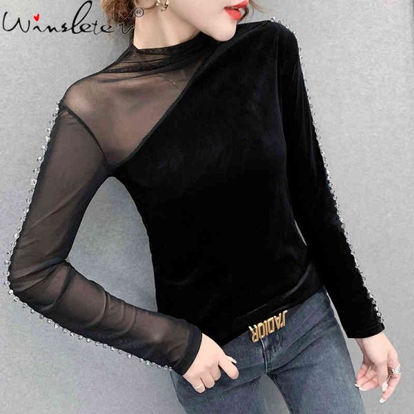 women's t-shirt spring fall european clothes girl fashion veet patchwork mesh beads women long sleeve slim tees t0d603a, White
women's t-shirt spring fall european clothes girl fashion veet patchwork mesh beads women long sleeve slim tees t0d603a, White