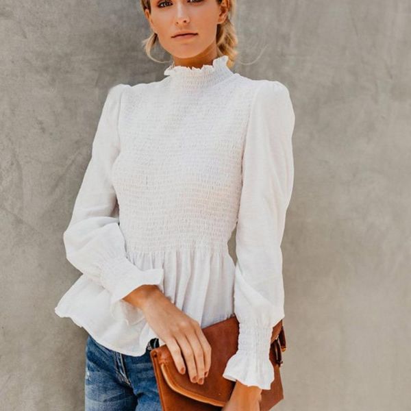 women's blouses & shirts 2021 elegant lantern sleeve stand neck women blouse ruffle pleated peplum shirt autumn winter top, White
women's blouses & shirts 2021 elegant lantern sleeve stand neck women blouse ruffle pleated peplum shirt autumn winter top, White
