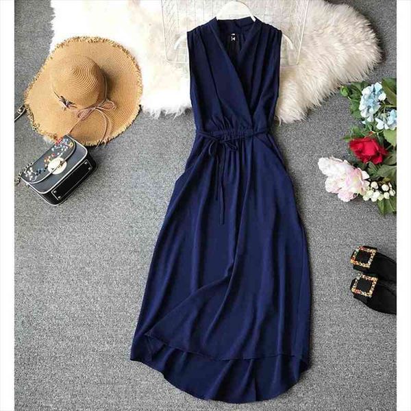 sleeveless korean version summer womens dresses chiffon v neck slim solid party beach elegant vestidos, Black;gray
sleeveless korean version summer womens dresses chiffon v neck slim solid party beach elegant vestidos, Black;gray