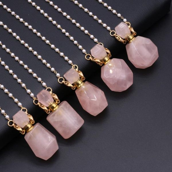 chains natural gem stone perfume bottle pendant pearl chain necklace rose pink quartz essential oil vial necklaces for women jewelry, Silver 
chains natural gem stone perfume bottle pendant pearl chain necklace rose pink quartz essential oil vial necklaces for women jewelry, Silver