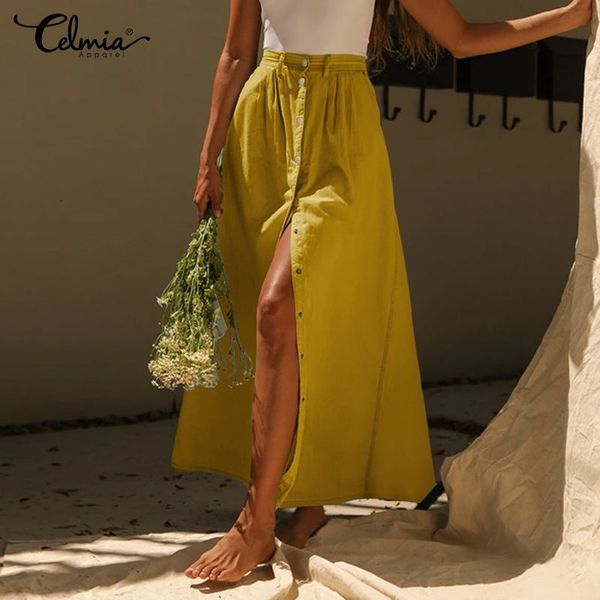 skirt celmia women denim waist casual loose solid color button a-line skirt fashion high slit party midi long skirts s-5xl, Black 
skirt celmia women denim waist casual loose solid color button a-line skirt fashion high slit party midi long skirts s-5xl, Black