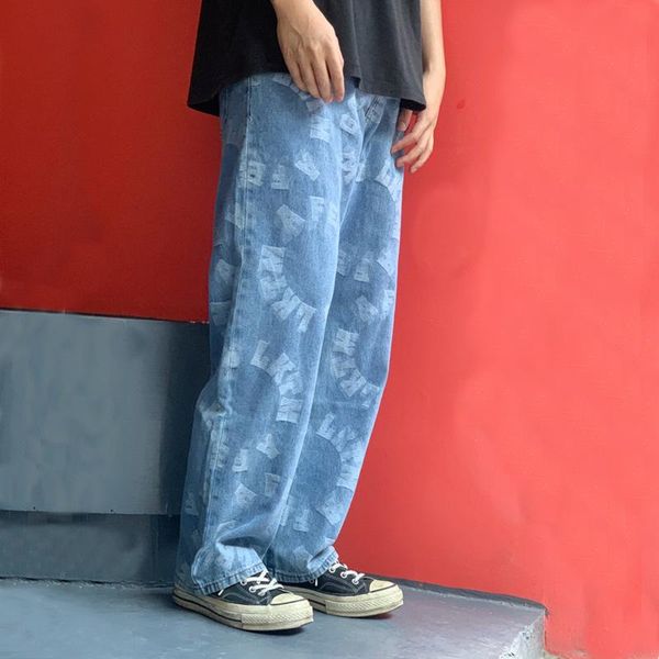 men's jeans autumn leisure street teenagers logo embroidery english easy wash straight denim trousers, Blue
men's jeans autumn leisure street teenagers logo embroidery english easy wash straight denim trousers, Blue