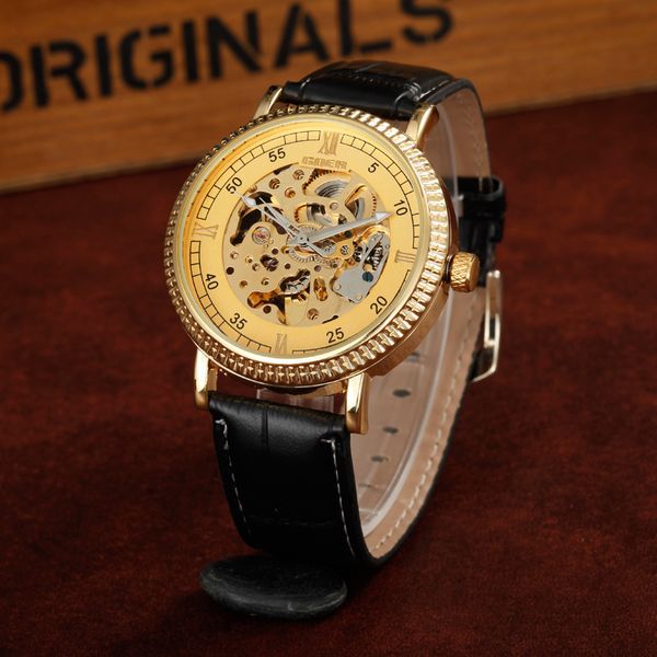 new goer automatic mechanical watch gold dial back hollow men's belt watch, Slivery;brown
new goer automatic mechanical watch gold dial back hollow men's belt watch, Slivery;brown