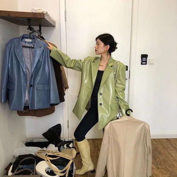 women leather blazer jacket ladies fashion long sleeve streetwear coat plus size loose single breasted office women's suits & blazers, White;black
women leather blazer jacket ladies fashion long sleeve streetwear coat plus size loose single breasted office women's suits & blazers, White;black