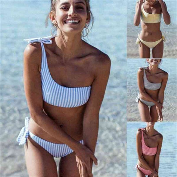 women 2021 striped set summer swimwear one shoulder bandage pushed up paded bikinis swimsuits real po, White;black
women 2021 striped set summer swimwear one shoulder bandage pushed up paded bikinis swimsuits real po, White;black