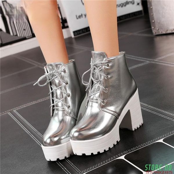 autumn ankle boots for women silver patent leather shoes woman high heels platform large size botines mujer, Black
autumn ankle boots for women silver patent leather shoes woman high heels platform large size botines mujer, Black