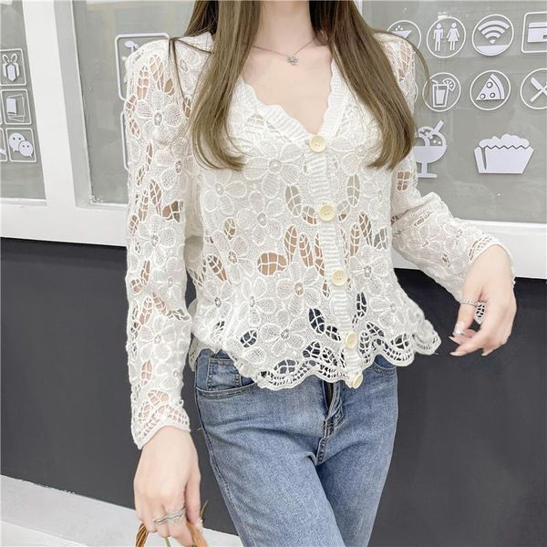 women's t-shirt 2021 summer style crocheted v-neck knitted cardigan blouse, White
women's t-shirt 2021 summer style crocheted v-neck knitted cardigan blouse, White