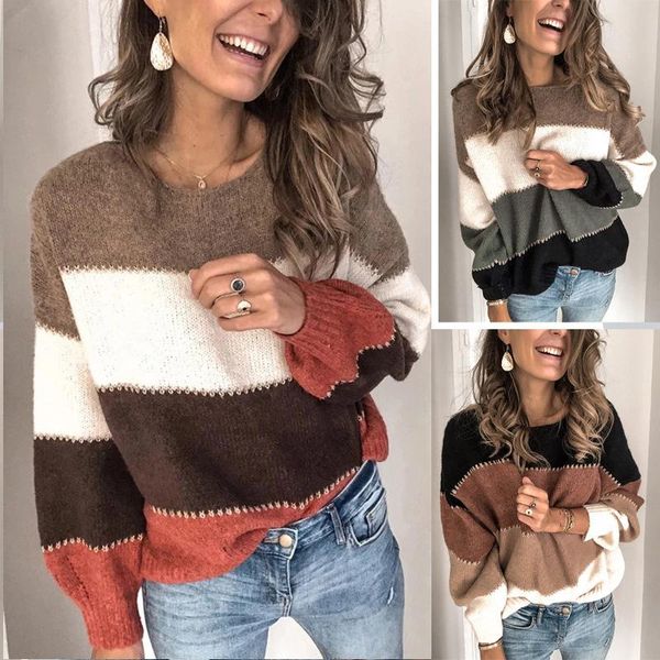 women's sweaters patchwork color knitwear pullovers winter fashion long sleeve o-neck casual loose for women today, White;black
women's sweaters patchwork color knitwear pullovers winter fashion long sleeve o-neck casual loose for women today, White;black