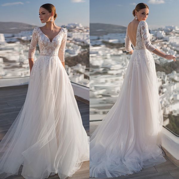 tulle sweep train backless a-line wedding dresses v-neck sleeve applique bridal gowns beadding vestido de noiva, White
tulle sweep train backless a-line wedding dresses v-neck sleeve applique bridal gowns beadding vestido de noiva, White