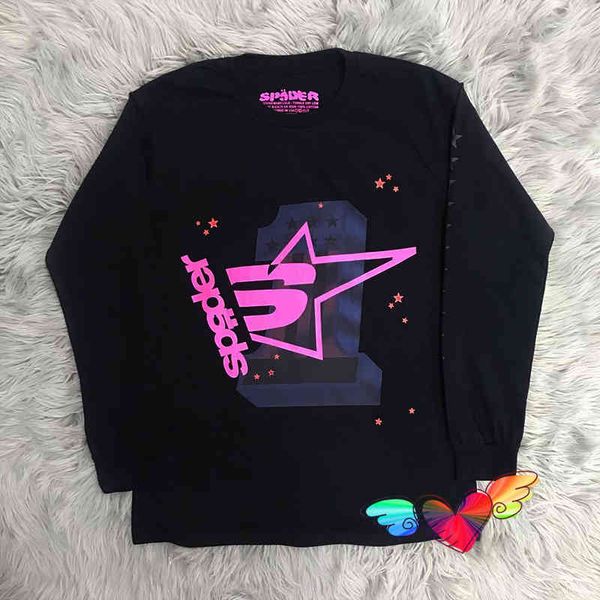 black long sleeve young thug sp5der 555555 t shirt men women high street pink web pattern foam print spider tee, White;black
black long sleeve young thug sp5der 555555 t shirt men women high street pink web pattern foam print spider tee, White;black