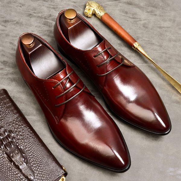 

Lacing Mens Formal Shoes Genuine Leather Office Business Wedding Brogue Oxford Shoe Black Pointed Toe Luxury Men Dress Shoe