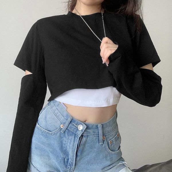 women's t-shirt o neck hollow out fake two piece long sleeve crop harajuku chic punk loose cropped t shirt tee streetwear casual, White
women's t-shirt o neck hollow out fake two piece long sleeve crop harajuku chic punk loose cropped t shirt tee streetwear casual, White