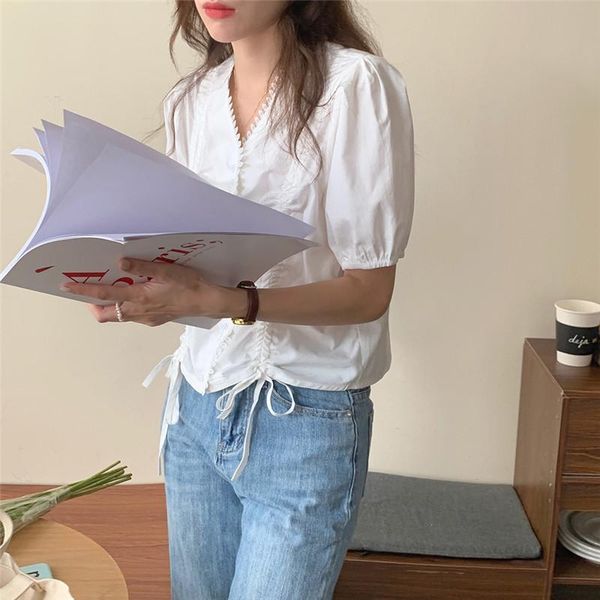 women's blouses & shirts niche design hollow lace ruffled drawstring all-match western style short-sleeved shirt, White
women's blouses & shirts niche design hollow lace ruffled drawstring all-match western style short-sleeved shirt, White