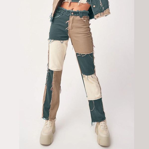 spring european and american fashion mottled patchwork high waist tight hip women's straight leg jeans, Blue
spring european and american fashion mottled patchwork high waist tight hip women's straight leg jeans, Blue