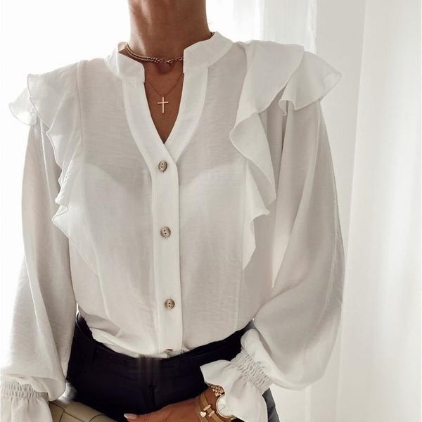 women's blouses & shirts casual solid color ruffle blouse shirt autumn winter long sleeve women elegant office lady v-neck button blus, White
women's blouses & shirts casual solid color ruffle blouse shirt autumn winter long sleeve women elegant office lady v-neck button blus, White