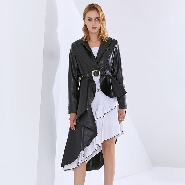 asymmetrical black pu leather trench for women lapel long sleeve casual windbreakers female fashionable style, White
asymmetrical black pu leather trench for women lapel long sleeve casual windbreakers female fashionable style, White