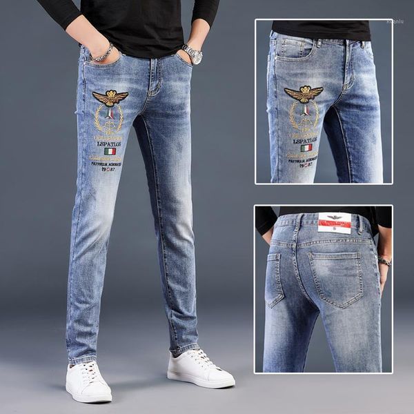 men's jeans autumn summer high end embroidery solid color slim leggings elastic korean fashion brand casual pants, Blue
men's jeans autumn summer high end embroidery solid color slim leggings elastic korean fashion brand casual pants, Blue
