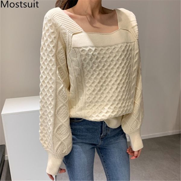 spring korean twisted knitted pullover sweater women lantern sleeve square collar solid vintage fashion jumper 210518, White;black
spring korean twisted knitted pullover sweater women lantern sleeve square collar solid vintage fashion jumper 210518, White;black