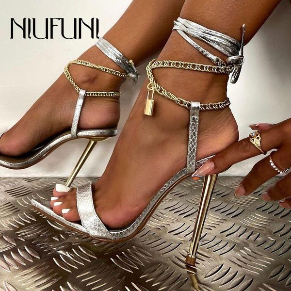sandals summer lock chain cross ankle straps women's pointed toe peep plating high heels gladiator women shoes stiletto pump, Black
