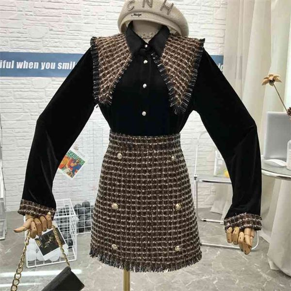 tweed fashion 2 piece set women vintage long sleeve turn down collar velvet blouse shirt + high waist plaid skirt suits 210514, White
tweed fashion 2 piece set women vintage long sleeve turn down collar velvet blouse shirt + high waist plaid skirt suits 210514, White