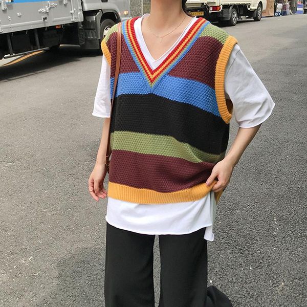 women's vests 2021 autumn and winter vintage style v neck knitted rainbow stripe sleeveless vest sweaters womens pullovers (f1353), Black;white
women's vests 2021 autumn and winter vintage style v neck knitted rainbow stripe sleeveless vest sweaters womens pullovers (f1353), Black;white