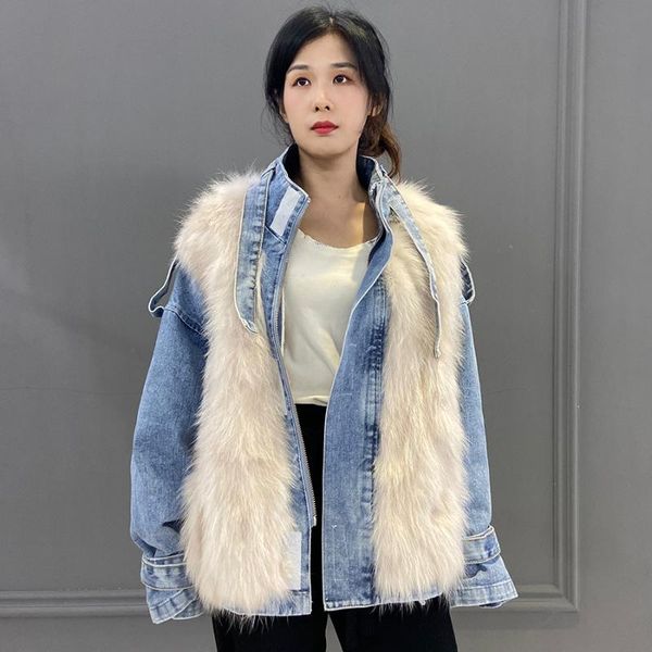 women's fur & faux winter parka women real jacket female warm fashion coat down liner denim outwear, Black
women's fur & faux winter parka women real jacket female warm fashion coat down liner denim outwear, Black
