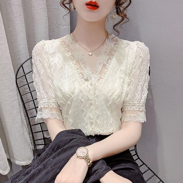 women's blouses & shirts v-neck french lace shirt 2021 summer style temperament all-match casual fashion western design niche top, White
women's blouses & shirts v-neck french lace shirt 2021 summer style temperament all-match casual fashion western design niche top, White