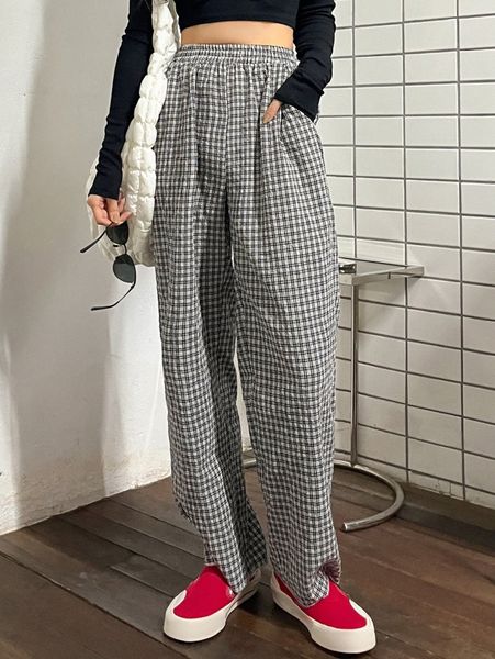 dazy plaid slant pockets wide leg pants d1lf#, Black;white