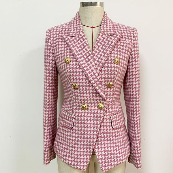 high street fashion 2021 designer jacket women's double breasted lion buttons wool tweed pink & white houndstooth blazer, White;black 
high street fashion 2021 designer jacket women's double breasted lion buttons wool tweed pink & white houndstooth blazer, White;black
