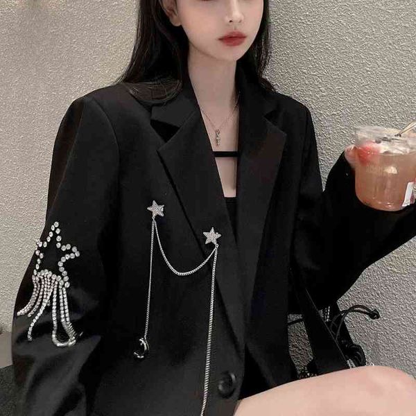 women's suits & blazers korean women black long chain jacket female casual chic tassel harajuku streetwear loose coat 962z, White;black
women's suits & blazers korean women black long chain jacket female casual chic tassel harajuku streetwear loose coat 962z, White;black
