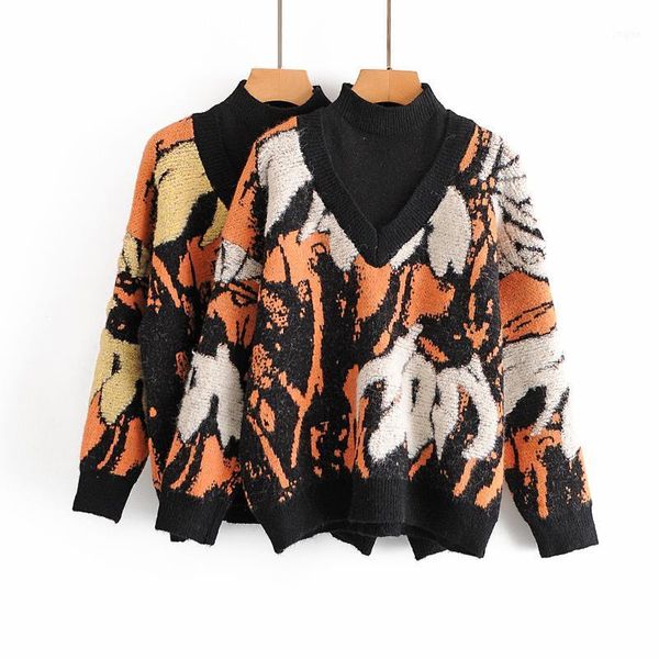 women's sweaters abstract print casual women knitted sweater 2021 spring autumn long sleeve pullover ladies v neck, White;black
women's sweaters abstract print casual women knitted sweater 2021 spring autumn long sleeve pullover ladies v neck, White;black