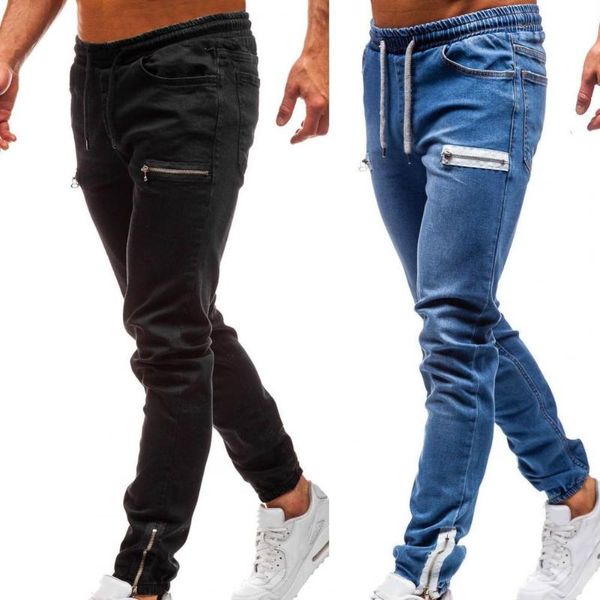 men's jeans elastic denim pants casual frosted zipper drawstring training jogger athletic multi pockets ankle tied sweatpants, Blue
men's jeans elastic denim pants casual frosted zipper drawstring training jogger athletic multi pockets ankle tied sweatpants, Blue