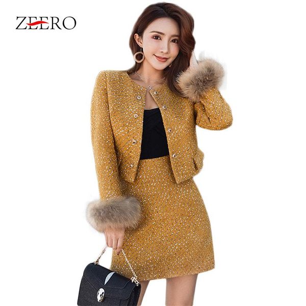 women's two piece pants women skirt suits luxury yellow starry tweed wool blends fur collar thick short jacket coat + fashion pencil, White
women's two piece pants women skirt suits luxury yellow starry tweed wool blends fur collar thick short jacket coat + fashion pencil, White