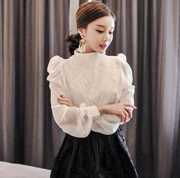 women's blouses & shirts elegant women blouse latern sleeve shirt stand collar ladies chic loose office chiffon, White