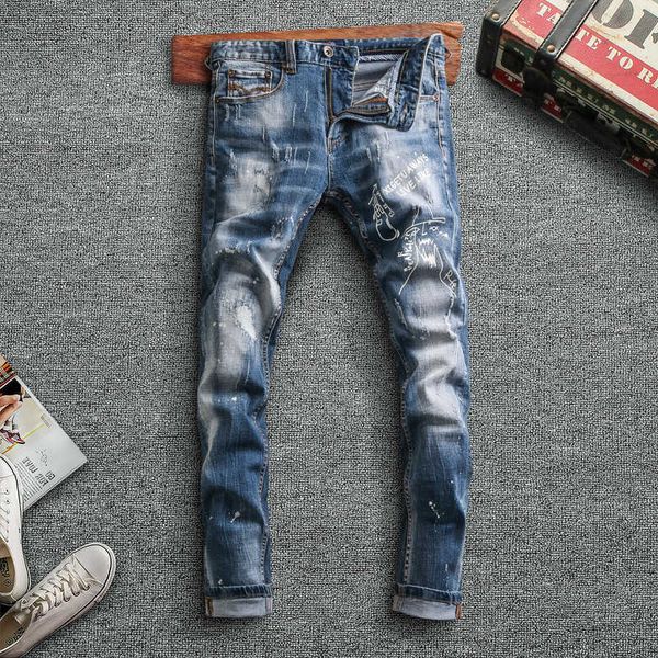 fashion streetwear men jeans retro blue elastic slim fit ripped cotton denim pants printed designer hip hop trousers
fashion streetwear men jeans retro blue elastic slim fit ripped cotton denim pants printed designer hip hop trousers