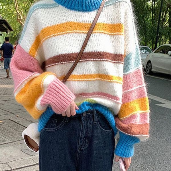 women's sweaters rainbow stripes stitching mohair sweater o-neck long sleeve thick knitted pullover 2021 fall winter sweet lady, White;black
women's sweaters rainbow stripes stitching mohair sweater o-neck long sleeve thick knitted pullover 2021 fall winter sweet lady, White;black